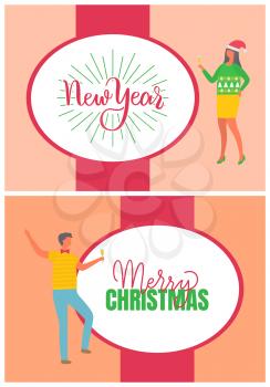 New Year and Merry Christmas lettering in frame, poster, man with glass of champagne, woman in Santa hat and in sweater with green fir trees, vector cartoon characters