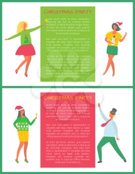 Dancing man, woman in green sweater with fir trees, females in Santa hat, cartoon characters on Christmas celebration party. Happy people celebrating New Year