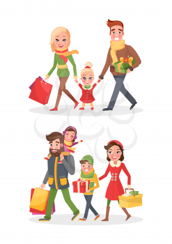 Christmas shopping happy and smiling family buying day. Woman with colored packages, little child between mum and dad with present, man with gift vector