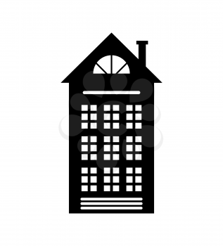 Residential real estate building icon isolated on white. House monochrome silhouette, multi storey dwelling, windows and chimney, vector illustration