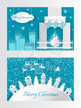 New Year paper cut greeting card with houses and Xmas trees Santa and reindeer in sky. Backdrop with fireplace and wrapped gift boxes, vector