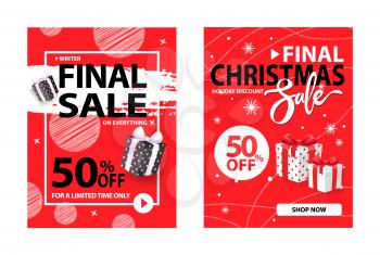 50 percent off, half price discount poster, clearance cover design vector on red backdrop. Christmas final sale holiday discount with wrapped gift boxes