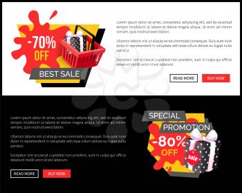 Total sale 80 and 70 percent shopping tags with info about discounts, best offer vector sites. Super sale landing pages, buttons read more and buy now.