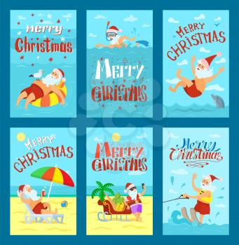 Summer Santa Claus in shorts on beach and swimming on tubing with dolphin and seagull vector set. Cheerful cartoon character for Merry Christmas design