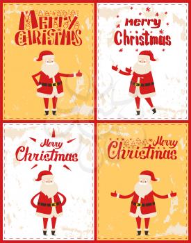 Merry Christmas posters set with Santa Claus adventures on snowy backdrop. Father Frost in red costume having fun, lettering greetings with line art icons