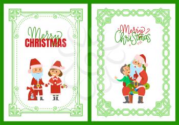 Merry Christmas winter holidays, characters and kid in ornamental frames vector. Santa Claus and Snow Maiden holding candy lollipop. Boy making wish