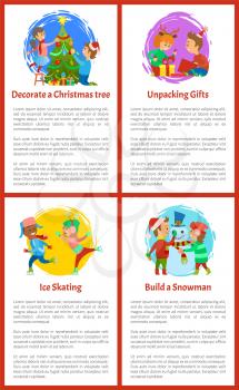 Decorating Christmas pine evergreen tree, unpacking holidays gifts vector. Children with father, kids building snowman. Boy and girl skating on ice