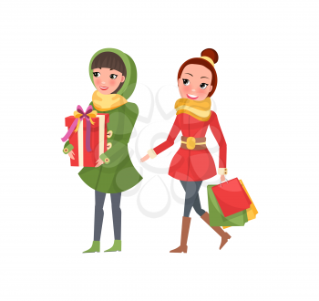 Two woman shopaholics with presents gift boxes. Female friends doing shopping isolated on white. Stylish ladies in green and red coats vector buyers