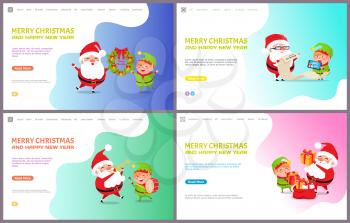 Merry Christmas and happy New Year, Santa Claus and Elf getting messages with wishes. Reading gifts list, playing musical instruments, put presents into sack