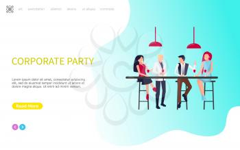 Corporate party, coworkers sitting at table and drinking wine. Web page template with business people celebrating holidays together, vector online poster