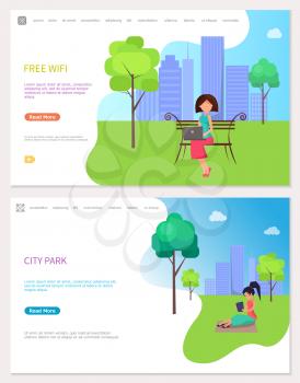 Free wife zone and city park web posters. Woman sitting on bench with laptop, freelance working on computer under trees on blanket vector websites