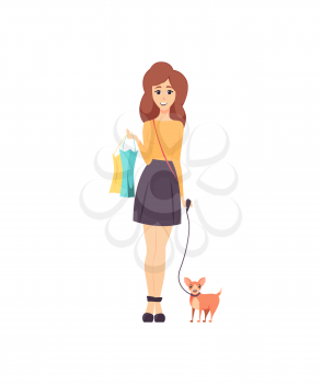 Female shopaholic walking with pet dog vector. Woman customer returning from shopping with paper bags, handbag on shoulder. Shopper with purchases