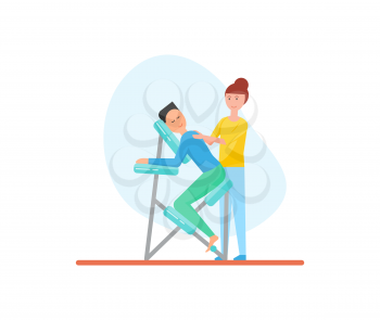Massage of back using special chair for better relaxation isolated icon vector. Masseuse with male client suffering from pain and ache, treatment care