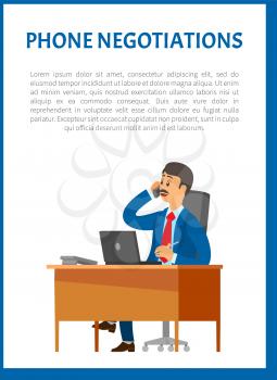 Phone negotiations vector poster. Boss leader speaking on telephone, conversation with client in support center. Man with mustaches sitting at table