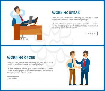 Working break and receiving instructions or order from boss. Conversation between colleagues. Leader resting at table with legs up vector poster