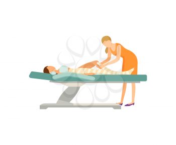 Spa salon, body wrap done by experienced specialist expert. Procedure isolated icon of professional and client lying on table and relaxing vector