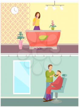 Spa salon receptionist woman talking on phone by table and barber shop set vector. Service for men, beard trimming and hairstyle changing modification