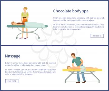 Chocolate body spa and massage procedures made by masseur. Client lying on table and relaxing vector web poster. Beauty salon services for health care