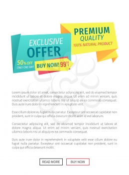 Exclusive offer buy now poster with text sample and web button. Sale discount of shop premium quality of natural products. Only one day price vector