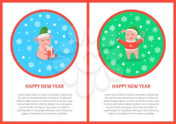 Happy New Year pig holiday design postcard. Colored round frame with snowflakes and text. Christmas piglets with candy and gifts vector greeting cards