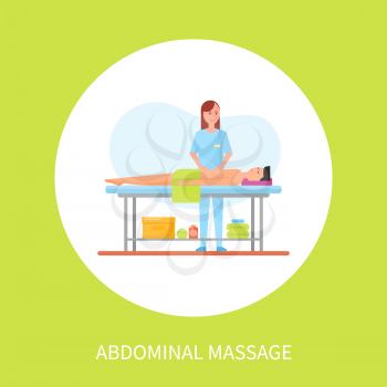 Abdominal medical massage session cartoon vector poster in circle. Standing masseuse in uniform massaging patient lying on table covered by towel