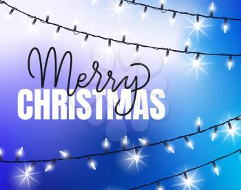 Merry Christmas blue background with glittering garlands. Vector bright lights, bulbs on thread, winter holiday decoration elements sparkling, realistic design