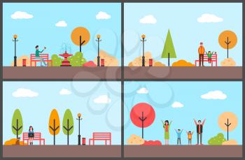 Autumn season, fall park with relaxing people vector. Family of mother, father and children fun, woman working on laptop, freelancer distant worker