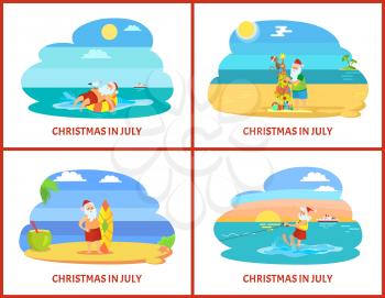 Cartoon illustrations on beach in July. Santa on plage standing with surf and fir-tree, going water skiing on sunset and laying on rubber ring vector