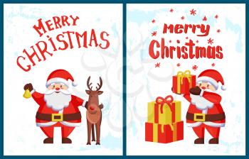 Merry Christmas inscription, Santa Claus and deer helper, reindeer cartoon animal. Father Frost puts gifts on pile, vector old man adventures postcards