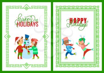 Merry Christmas happy holidays framed posters vector. Children building snowman put hat with mistletoe plant. Kids boy girl figure skating on ice rink