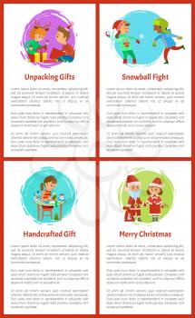 Unpacking gifts, children on winter vacations vector. Merry Christmas, handicraft gifts made by girl. Playing snowball fight, kids having outdoors fun