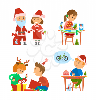 Christmas holidays, children unpacking presents vector. Handmade handicraft postcards of girl, boy writing letter to Santa Claus. Winter vacations