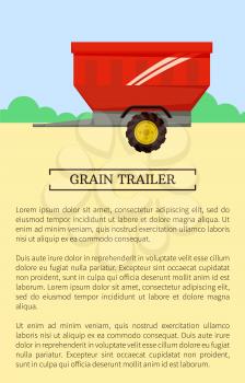 Agricultural machinery icon cartoon vector banner. Single grain trailer, isolated on landscape. New technique and farming equipment poster, text sample