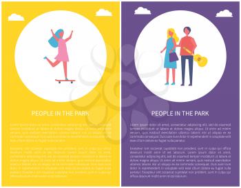 People in park poster young couple walking together, girl skateboarding vector text and circle. Man with guitar in arm and woman with bag holding hands