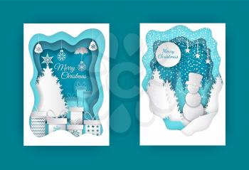 Merry Christmas paper cut with snowman and tree vector. Bauble and star on pine top, presents in decorative boxes, giftboxes and winter character in hat