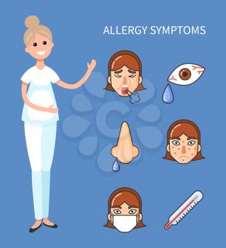 Allergy symptoms of patient, doctor showing results of allergens impact on human vector. Sneezing of girl, red eyes and teardrops, fever rash on face