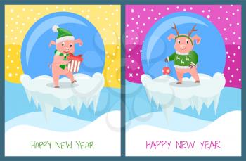 New Year greeting card, pigs on winter snowy landscape wishes Happy holidays and Merry Christmas. Piglet in warm winter hat,, vector on icy cliff in ball