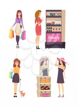 Shopping activities of young women isolated set vector. Stall with cosmetics, tubes and lotions, palette and foundation. Lady walking with dog pet