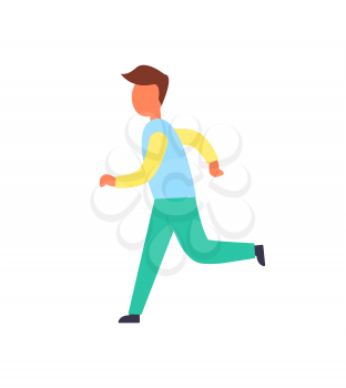 Runner male active person running in one direction. Person leading active lifestyle. Jogging man wearing trousers and sweater icon isolated vector
