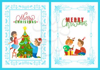 Merry Christmas greeting cards, children opening presents and decorating New Year tree vector. Girl wearing reindeer horns and boy in Santa hat, frame