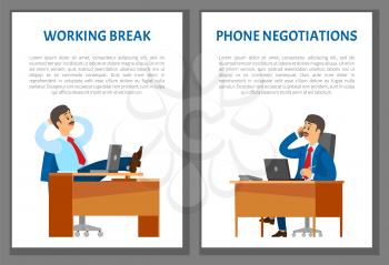 Working break and phone negotiations vector posters. Boss leader speaking on telephone, conversation with client in support center. Man resting at workplace