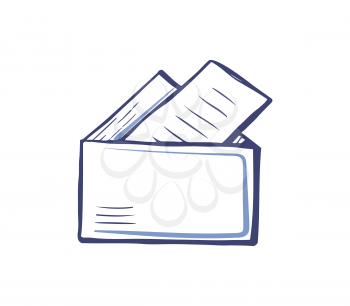 Folder with documents, file icon with sheets of paper vector isolated. Monochrome sketch outline of documents with text in zip file, web appliance sign