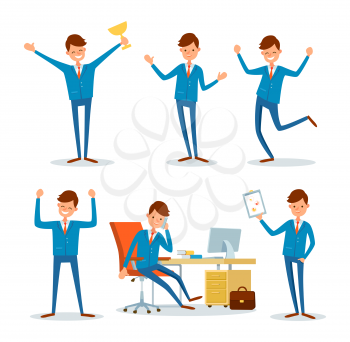 Business activities of businessman, people at work, office worker talking on phone vector. Person presenting plan strategy. Boss holding award trophy