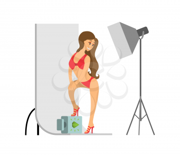 Model in red swimsuit and high heels shoes with backdrop at photo studio. Girl posing for photoshoot under spotlight on tripod vector illustration.