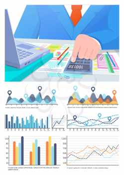 Infographic and statistics, businessman accounting results of business analysis vector. Information papers and documents of office worker wearing suit
