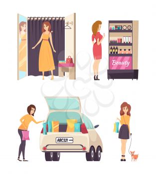 Shopping choosing dress clothes and cosmetics isolated vector. Lady in changing room, female puts bags with bought items in car. Girl walking with dog