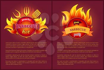 Hot barbeque vector icons with burning badges on posters, text sample. Fork, spatula and paddle, grilled sausages on metal turner in flame sparkles