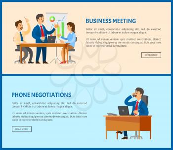 Phone negotiations and business meeting with speaker pointing on charts and graphs vector posters. Boss leader speaking on telephone, conversation with client