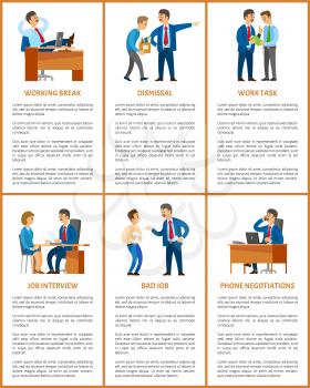 Office work process, professional relationships. Working break and dismissal, task and job interview, phone negotiation, boss vector illustrations.