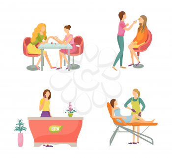 Spa salon manicure and epilation isolated icons set vector. Receptionist talking on phone, making calls to clients. Depilation with wax and makeup